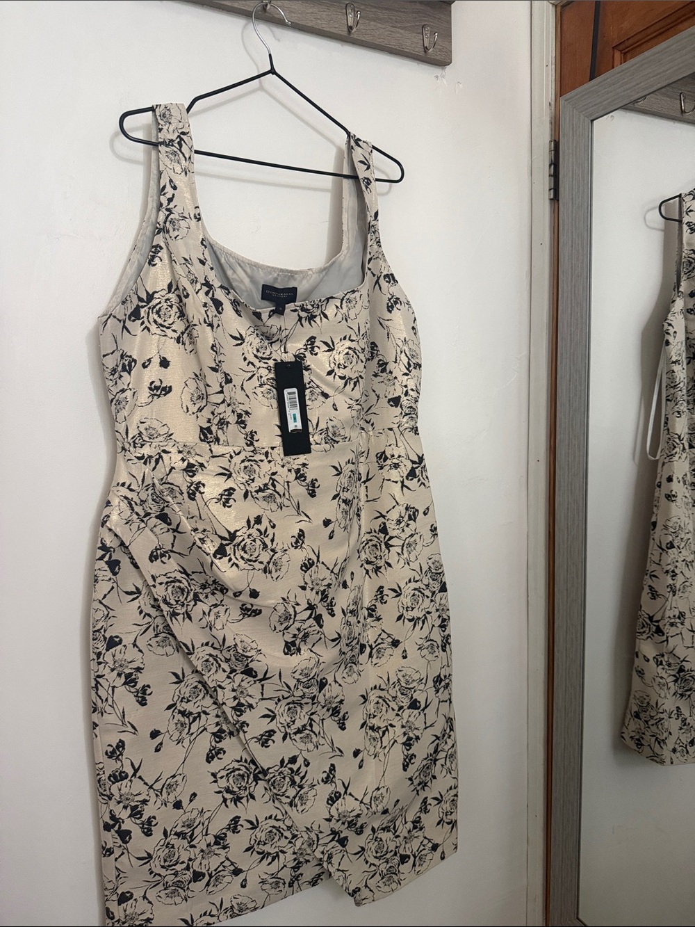 Donna Karan Beige Midi Dress with Black Floral Print